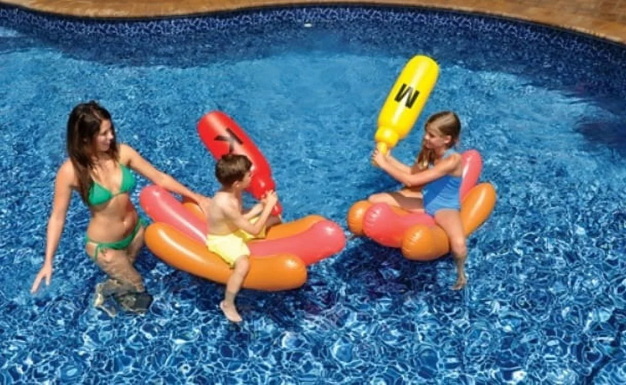 Set of 2 Inflatable Hot Dog Ride On Swimming Pool Battle Set with Boppers Game - 56" - Exclusive Design