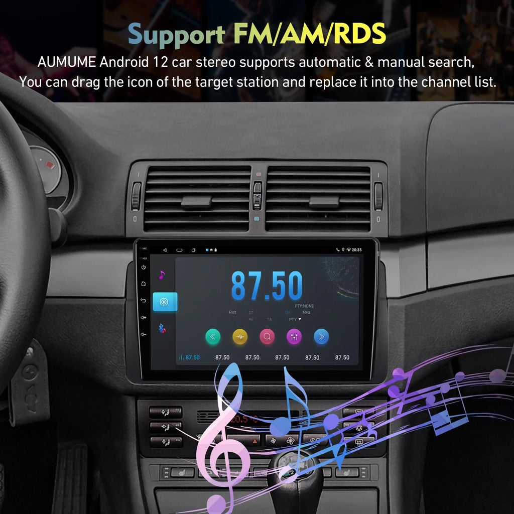 Stylish 6+128G 9-inch Android 12 Double Din Car Stereo for BMW E46/M3/318/320/325/Rover 75/MG ZT Touchscreen Screen QLED Car Radio with Carplay Android Auto SWC Support Backup Camera
