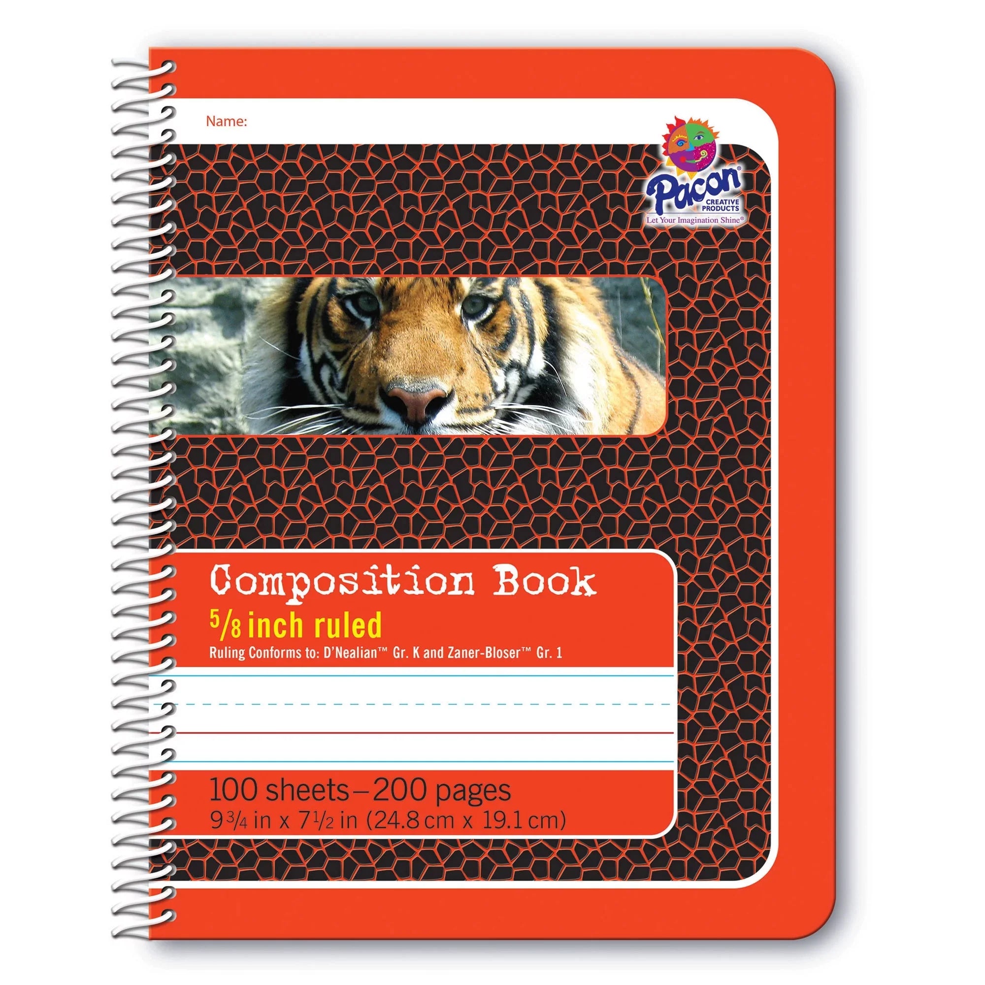 Primary Composition Book, 5/8" Ruled, Spiral Bound, Red/Tiger, 9.75" x 7.5", 200 Pages, Pack of 12 - Exclusive Design