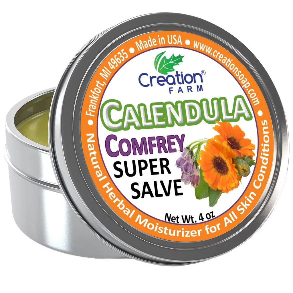Stylish Calendula Comfrey Salve 4 oz Tin, Herbal Skin Rash Ointment, Wound Treatment Tin 4 oz by Creation Farm