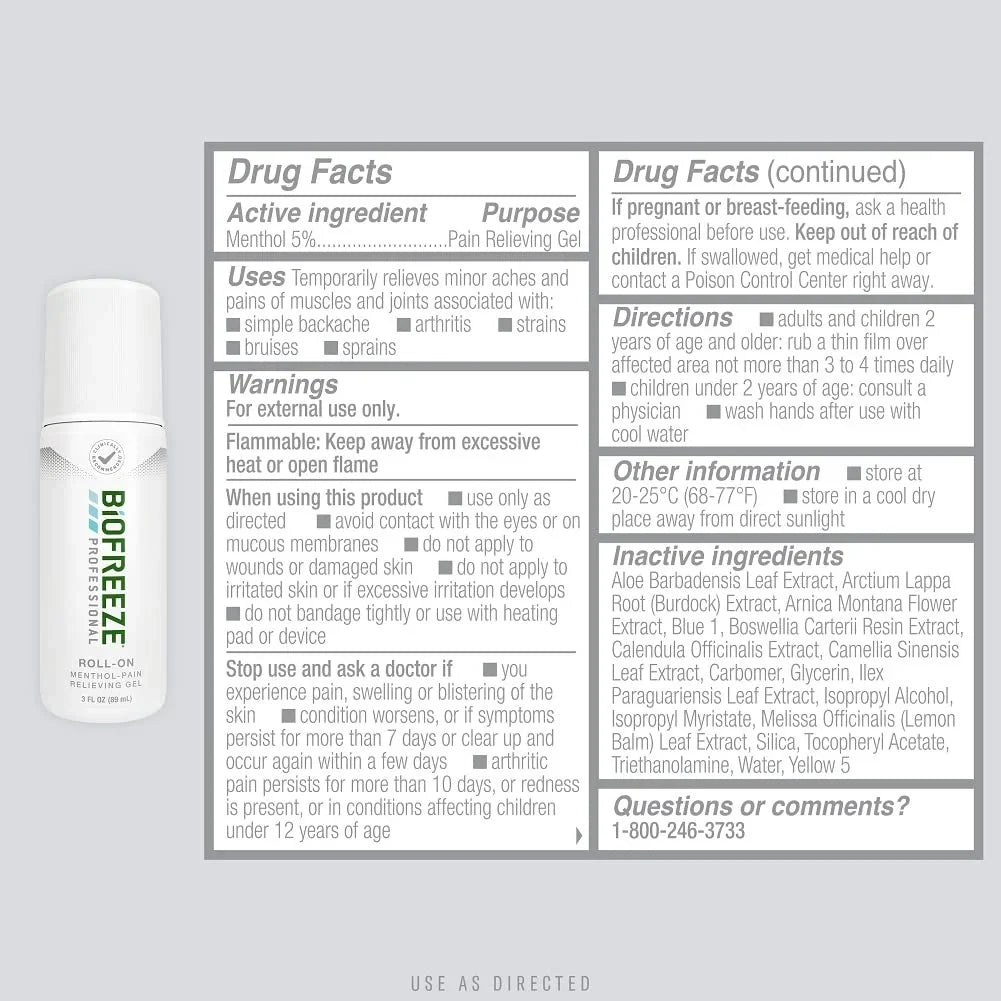 Stylish Biofreeze Professional Roll-On Gel 3 FL OZ, Green Topical For Muscles And Joints From Arthritis, Backache, Strains, Bruises, & Sprains (Package May Vary)