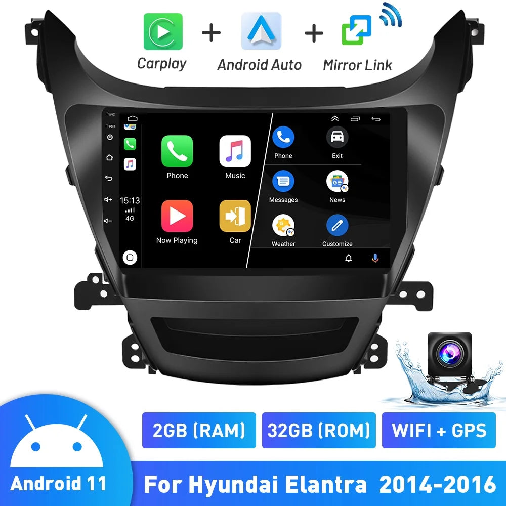Podofo 2+32G for Hyundai Elantra 2014-2016 Wireless Carplay Android Auto Mirror Link 9'' Touchscreen Car Stereo Radio Android 11 System WIFI GPS Hifi FM Bluetooth Usb, AHD Backup Camera
