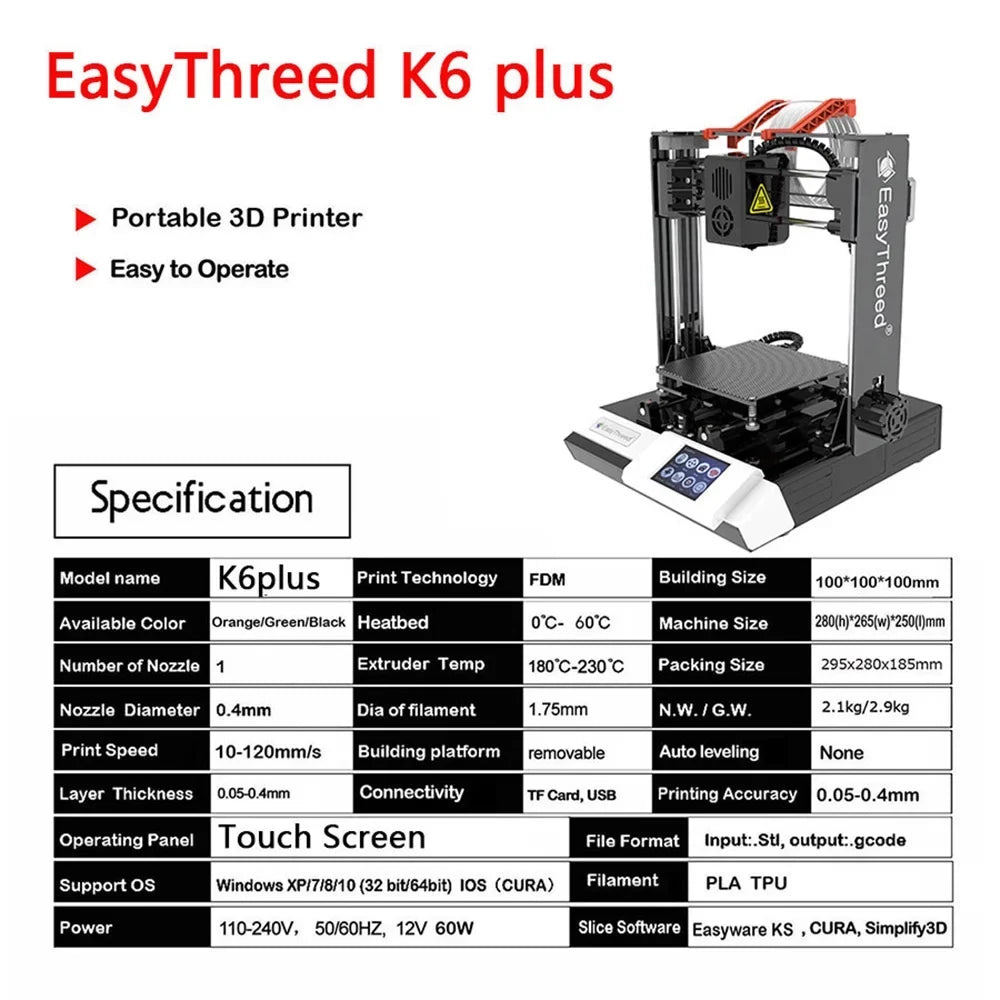 EasyThreed 3D printer,Print Size Removable K6 Plus 3D Printer TF Kids HUIOP Printers 3D-Printer 3D Printer Hine 100x100x100mm/4x4x4inches MIZUH Comes Plus Printer Hine ICHU