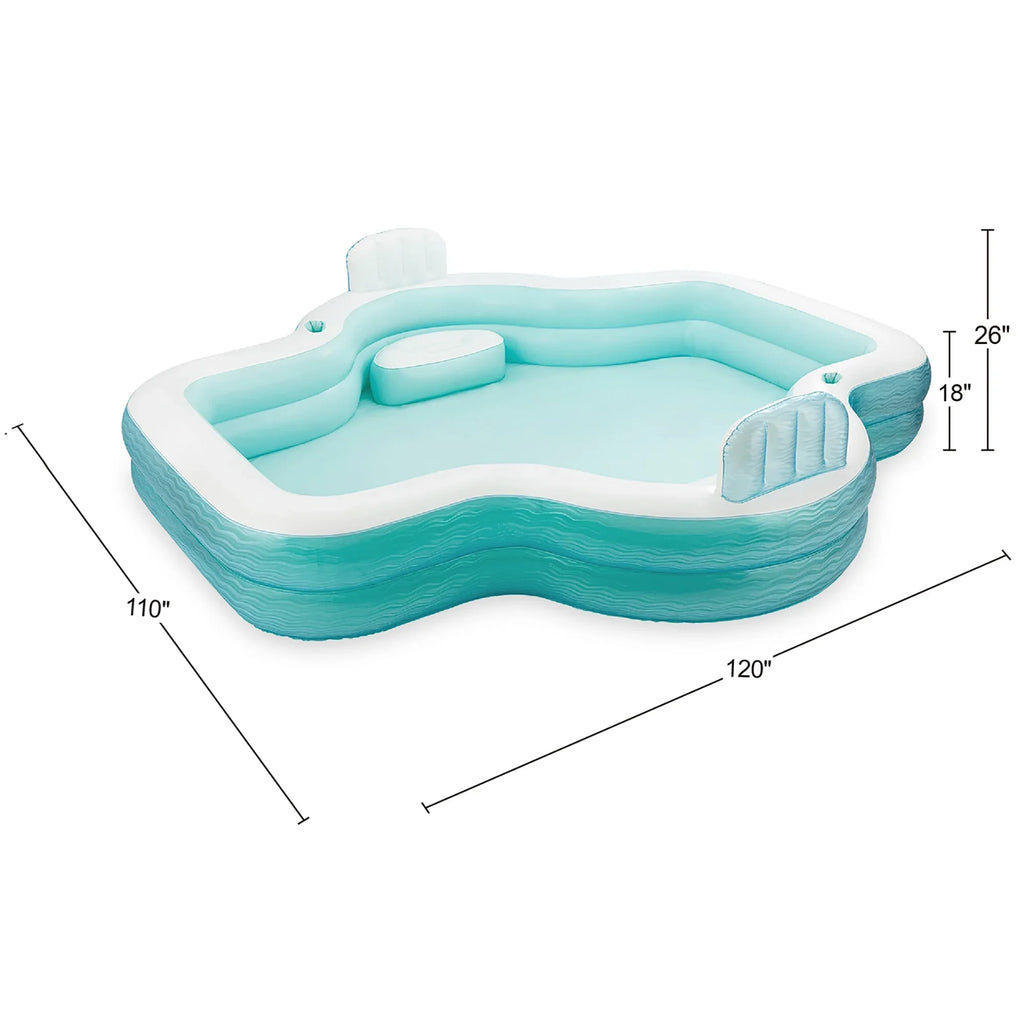 Stylish Funsicle: Shimmer Party Pool - 10ft Inflatable Lounge Pool, Teal & White, 120x110x18", Cup Holders, Comfortable Backrests, Outdoor Family Pool