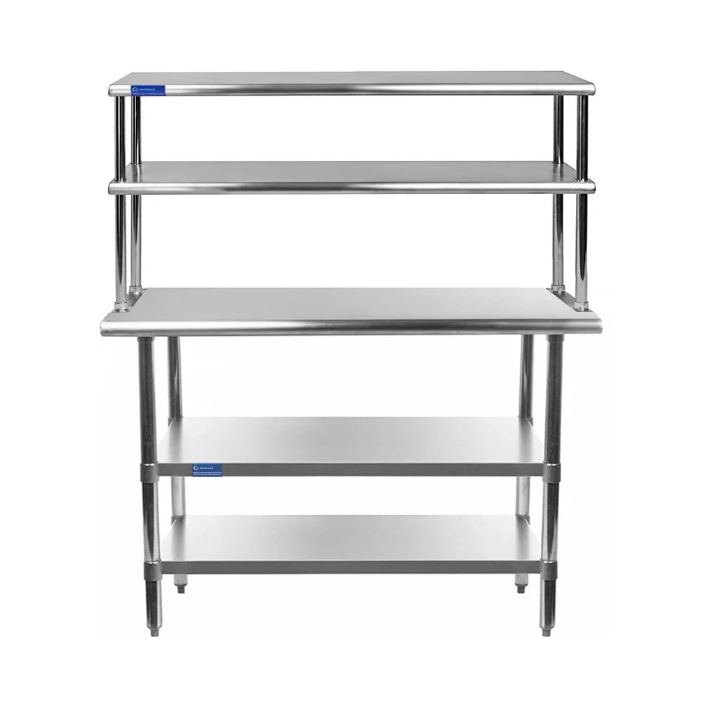 24" x 60" Stainless Steel Work Table With Two Shelves | 18" Wide Double Tier Overshelf | Metal Kitchen Prep Table & Shelving Combo - Exclusive Design