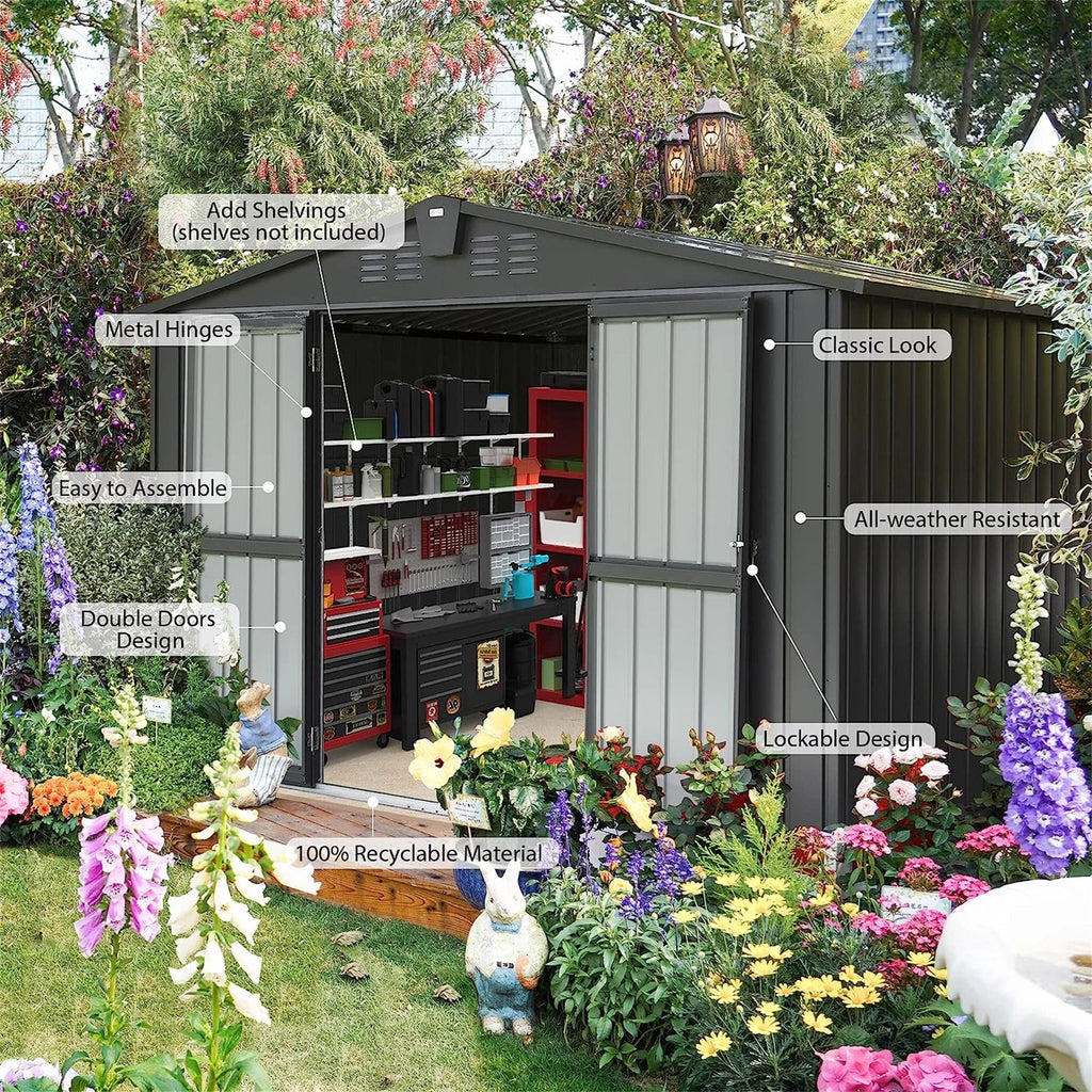 Stylish CoSoTower Outdoor Storage Shed 10'X 8', Metal Garden Shed for Bike, Trash Can, Tools, Galvanized Steel Outdoor Storage Cabinet with Lockable Door for Backyard, Patio, Lawn (10X8ft, Black)