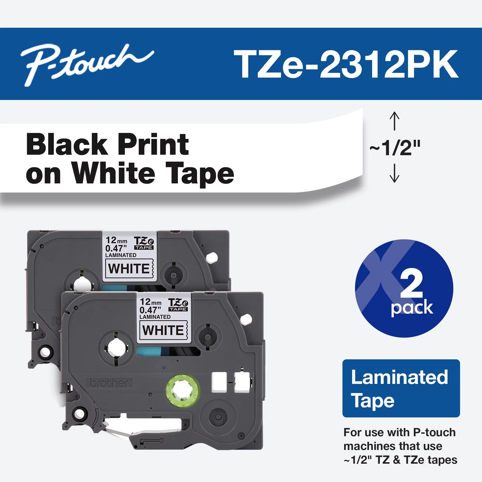 Brother P-touch Tze Standard Adhesive Laminated Labeling Tapes, 1/2"w, Black on White, 2/Pack - Exclusive Design