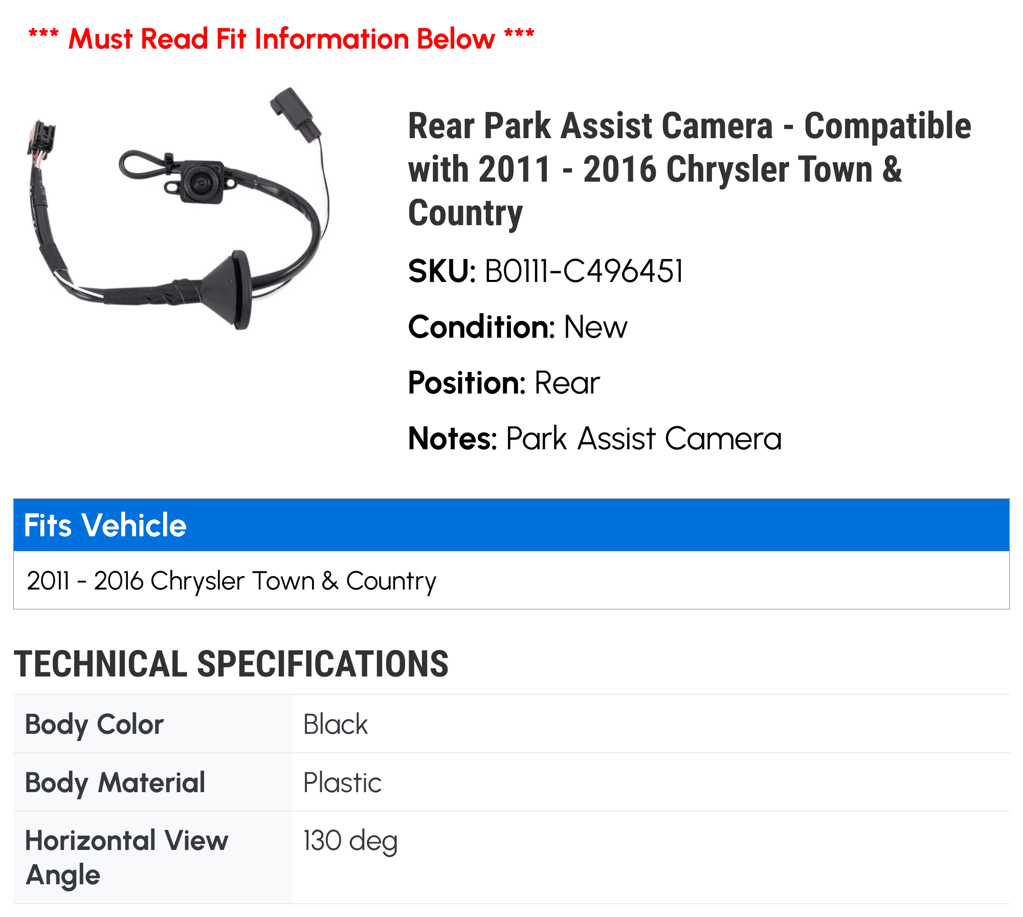 Stylish Rear Park Assist Camera - Compatible with 2011 - 2016 Chrysler Town & Country 2012 2013 2014 2015