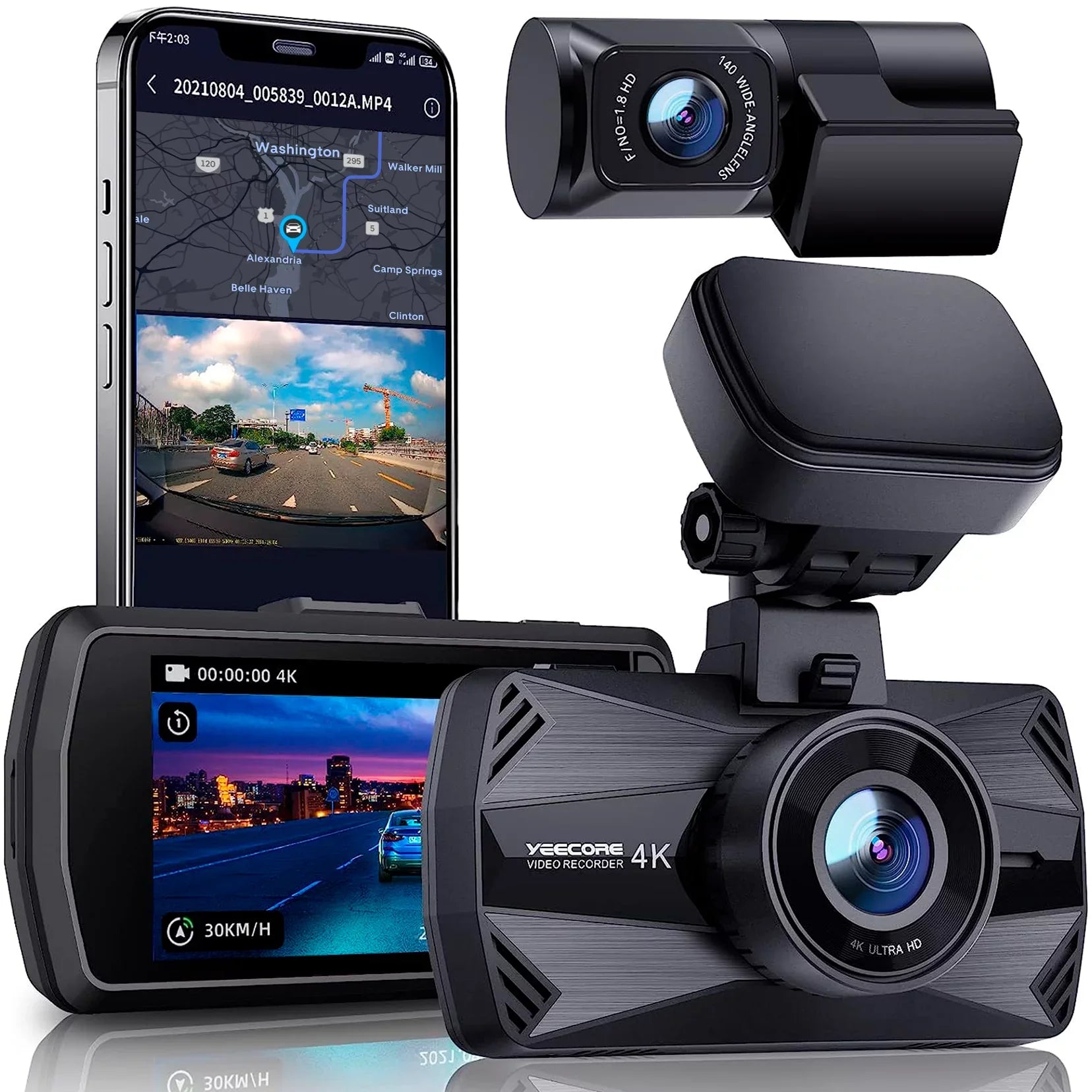 Yeecore 4K Dual Dash Cam 5G WiFi GPS, Real 4K+HDR 1080P Dash Cam Front and Rear, 3" LCD Super Night Vision, Parking Mode, Dash Camera for Cars with App, G-Sensor, Accident Record