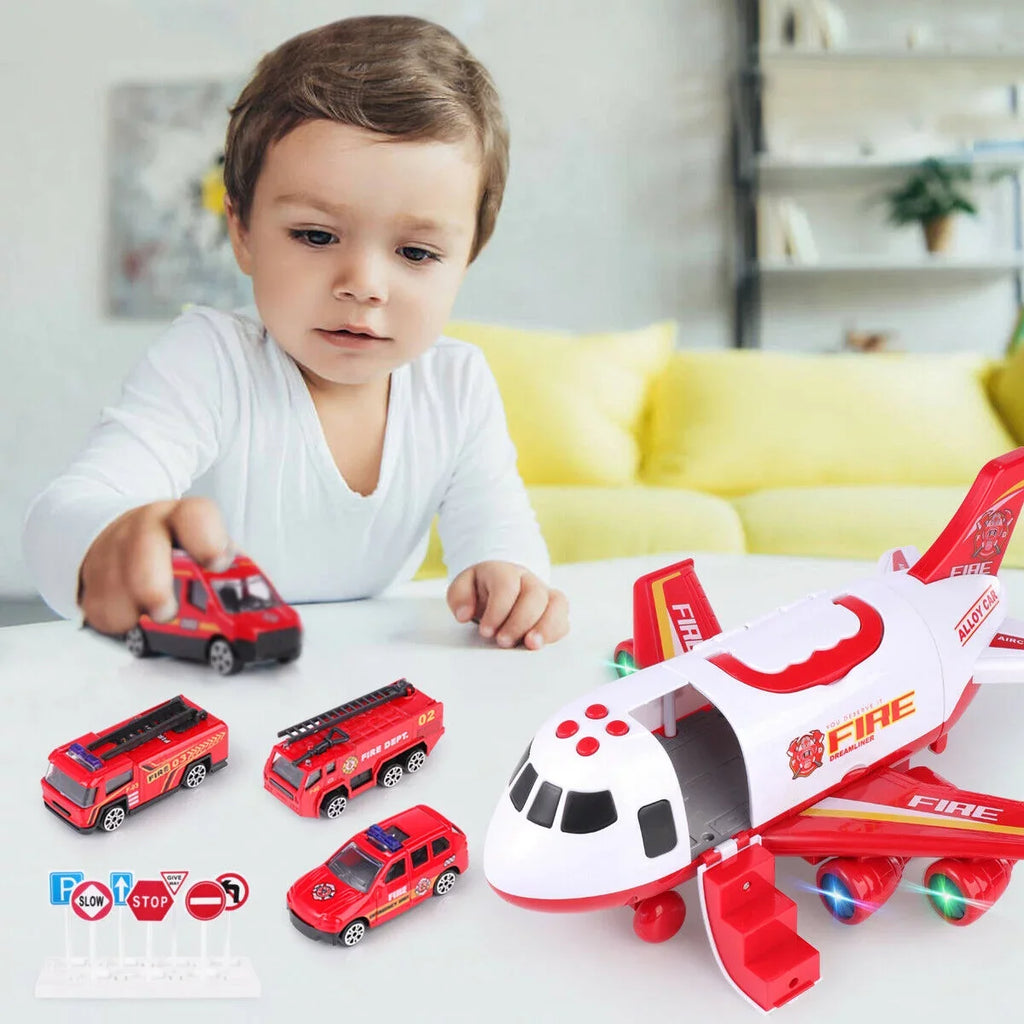 Stylish SHANNA Airplane Toy Fire Truck Playset with Music and Lights, Transformable Airplane Storage Cart, 3-6 Years Old Boys and Girls Birthday Christmas Gift (Red)