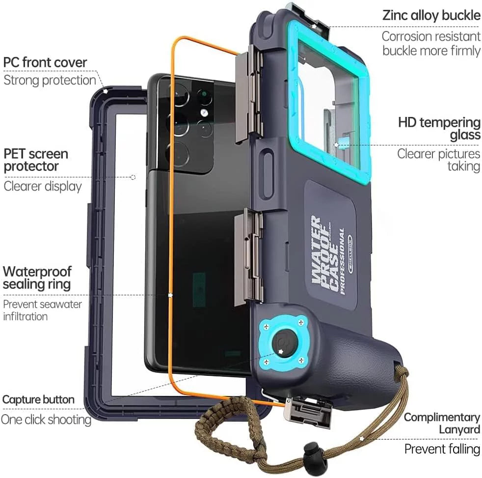 Stylish Waterproof Underwater Snorkeling Phone Case for iPhone 14/13/12/11 Pro Max Mini Xr/X/Xs/Samsung Galaxy Note10/9/8/S10/9/8 Ultra Plus Professional [15m/50ft] Photo Video Diving Cover(Blue)