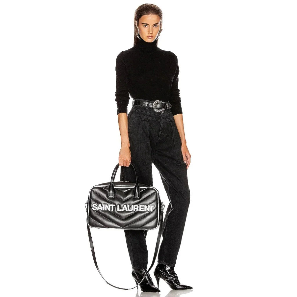 New Saint Laurent Miles Logo Black Calf Leather Duffel Bowling Bag 525145