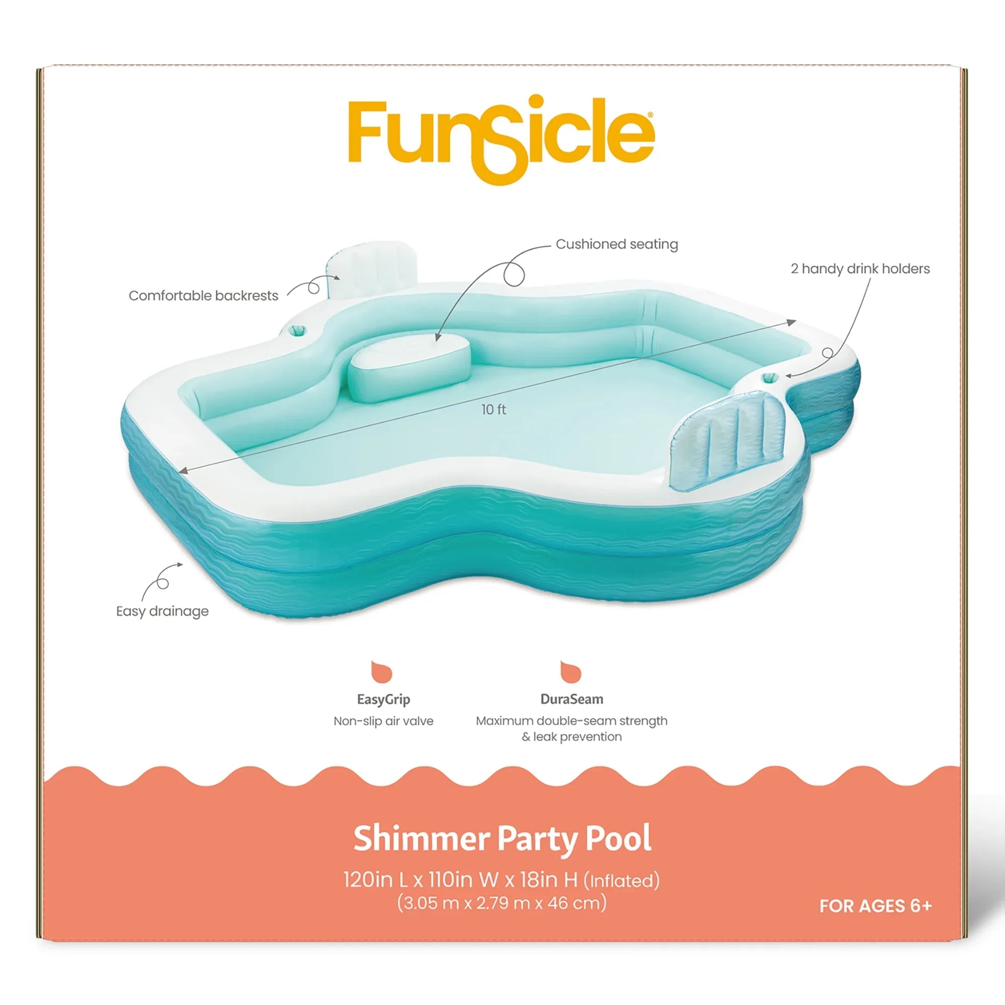 Stylish Funsicle: Shimmer Party Pool - 10ft Inflatable Lounge Pool, Teal & White, 120x110x18", Cup Holders, Comfortable Backrests, Outdoor Family Pool