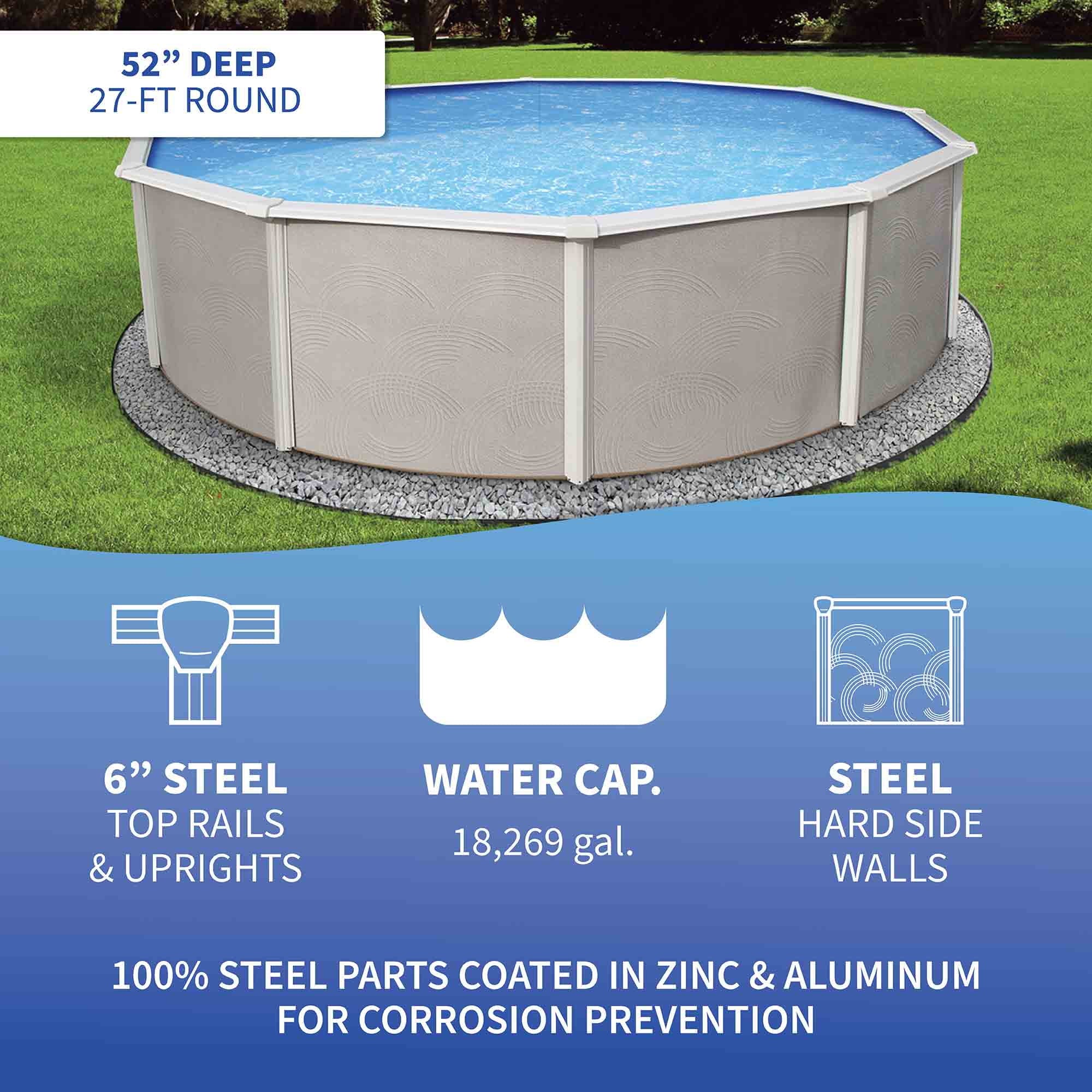 Belize 27-ft Round 52-in Deep 6-in Top Rail Metal Wall Swimming Pool Package - Exclusive Design
