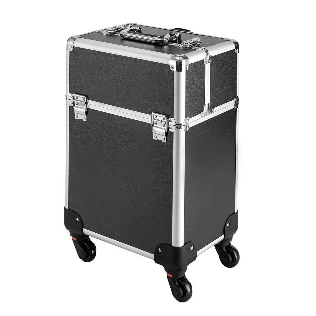Stylish Rolling Lockable Makeup Train Case Hairdresser Trolley, Stylist Beauty Nail Salon Barber Case Cosmetic Luggage Travel Trunk Cart Organizer Tool Box with Swivel Wheels (Black)