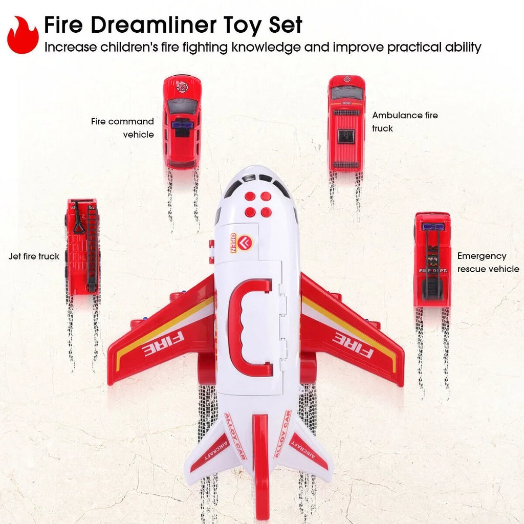 Stylish SHANNA Airplane Toy Fire Truck Playset with Music and Lights, Transformable Airplane Storage Cart, 3-6 Years Old Boys and Girls Birthday Christmas Gift (Red)