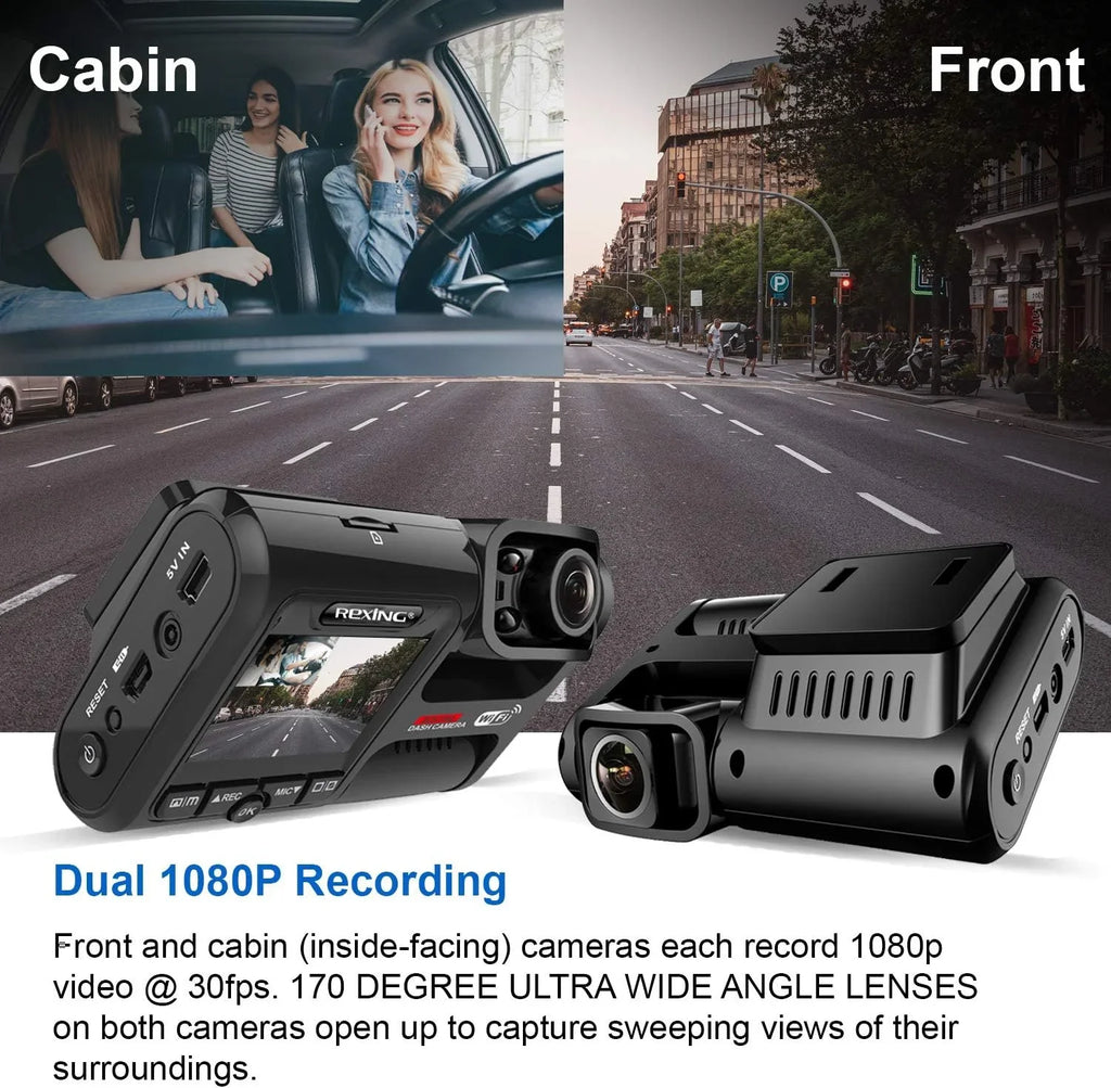 Open Box Rexing W202 Front and Inside Cabin 1080p Full HD Wi-Fi Dash Cam