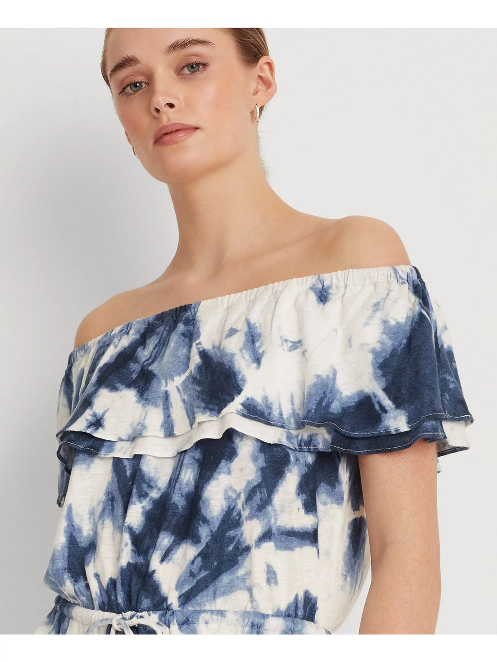 Stylish LAUREN RALPH LAUREN Womens White Ruffled Elasticized Drawcord Waist Tie Dye Short Sleeve Off Shoulder Peplum Top S