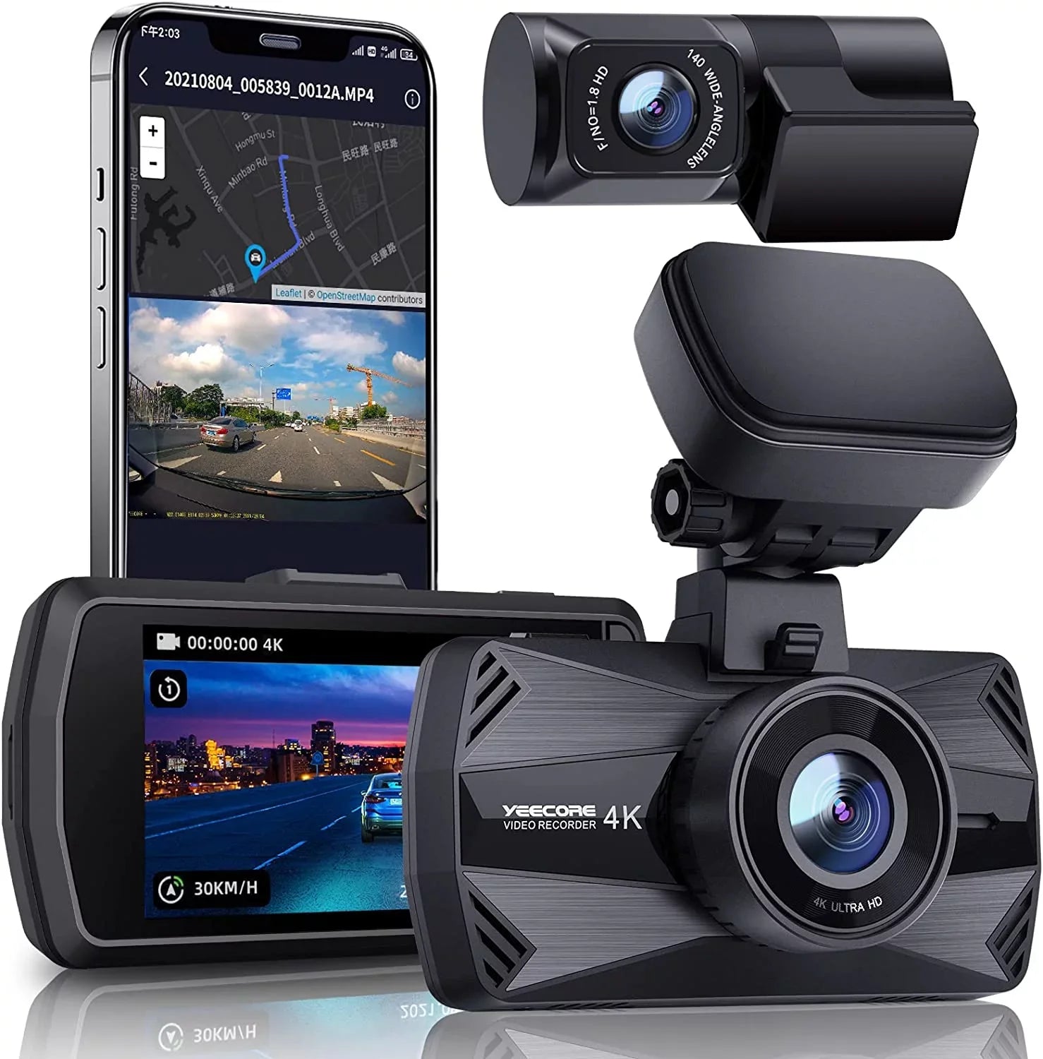 Yeecore 4K Dual Dash Cam 5G WiFi GPS, Real 4K+HDR 1080P Dash Cam Front and Rear, 3" LCD Super Night Vision, Parking Mode, Dash Camera for Cars with App, G-Sensor, Accident Record