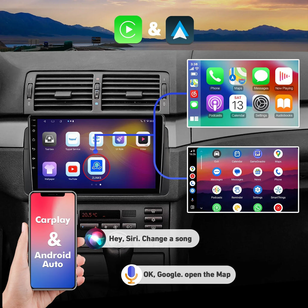 Stylish 6+128G 9-inch Android 12 Double Din Car Stereo for BMW E46/M3/318/320/325/Rover 75/MG ZT Touchscreen Screen QLED Car Radio with Carplay Android Auto SWC Support Backup Camera
