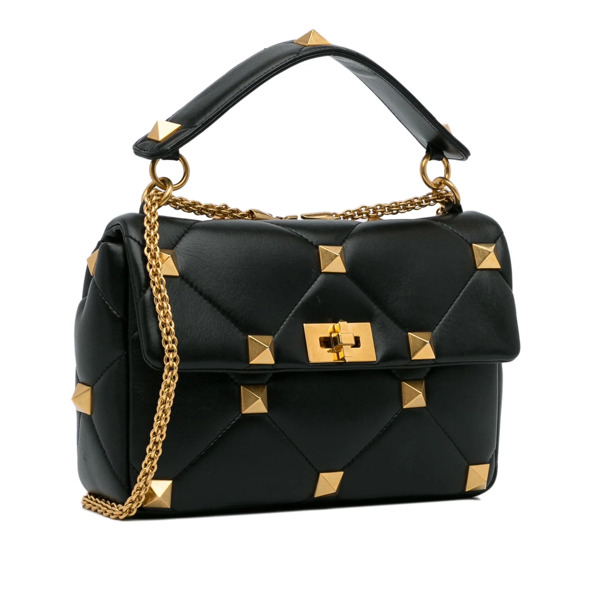 Stylish Pre-Owned Authenticated Valentino Medium Roman Stud Satchel Calf Leather Black Unisex (Good)