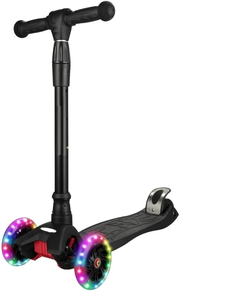 Kick Scooter Collapsible Portable Kids Push Scooter with 4 Adjustable Height, AEBC-9 Bearing, 3 Lamp Up Wheels for Boys Girls Toddlers from 3 to 12 Years Old(Black)