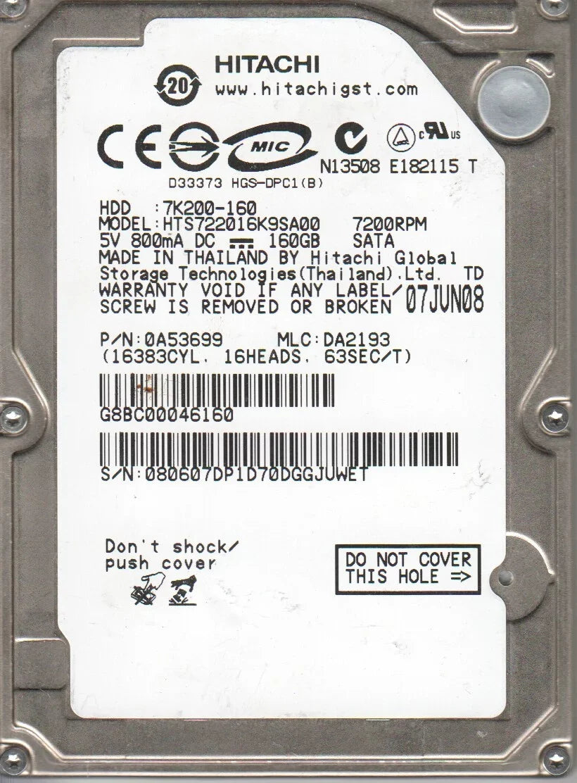 Stylish HTS722016K9SA00, PN 0A53699, MLC DA2193, Hitachi 160GB SATA 2.5 Hard Drive