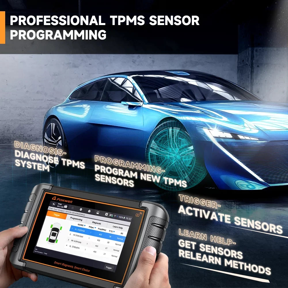 Foxwell NT809TS TPMS Relearn Programming Reset Tool Bi-directional Control Scan Tool OBD2 Automotive Scanner Scan Full Systems Oil Reset ABS Bleeding Injector Coding 30+ Reset Services Car Code Reader - Exclusive Design