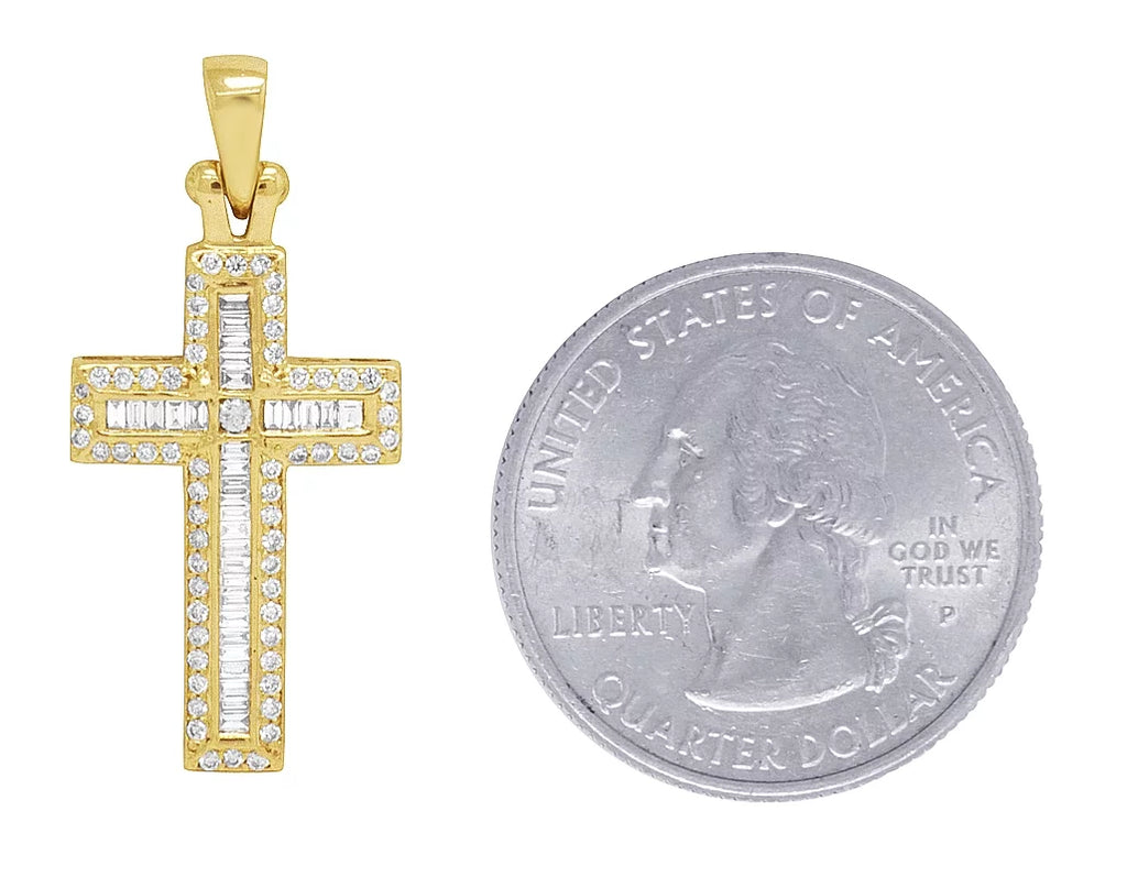Stylish 14K Yellow Gold Diamond Baguette Cross 1.25" 0.4CT