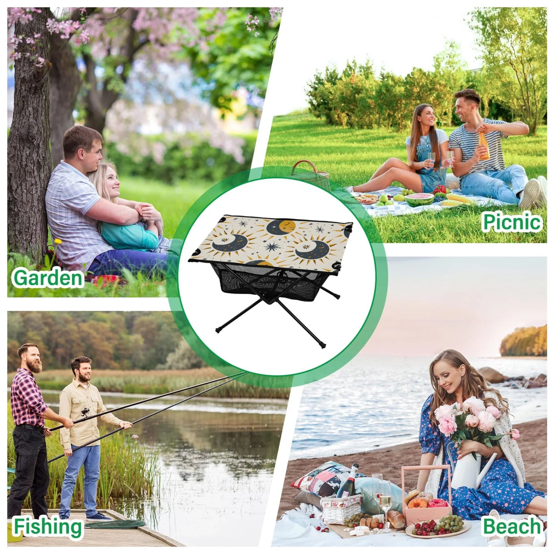 Stylish Sun Moon and Stars Camping Folding Table Portable Beach Table with Storage Bag Compact Picnic Table for Outdoor Travel Fishing BBQ