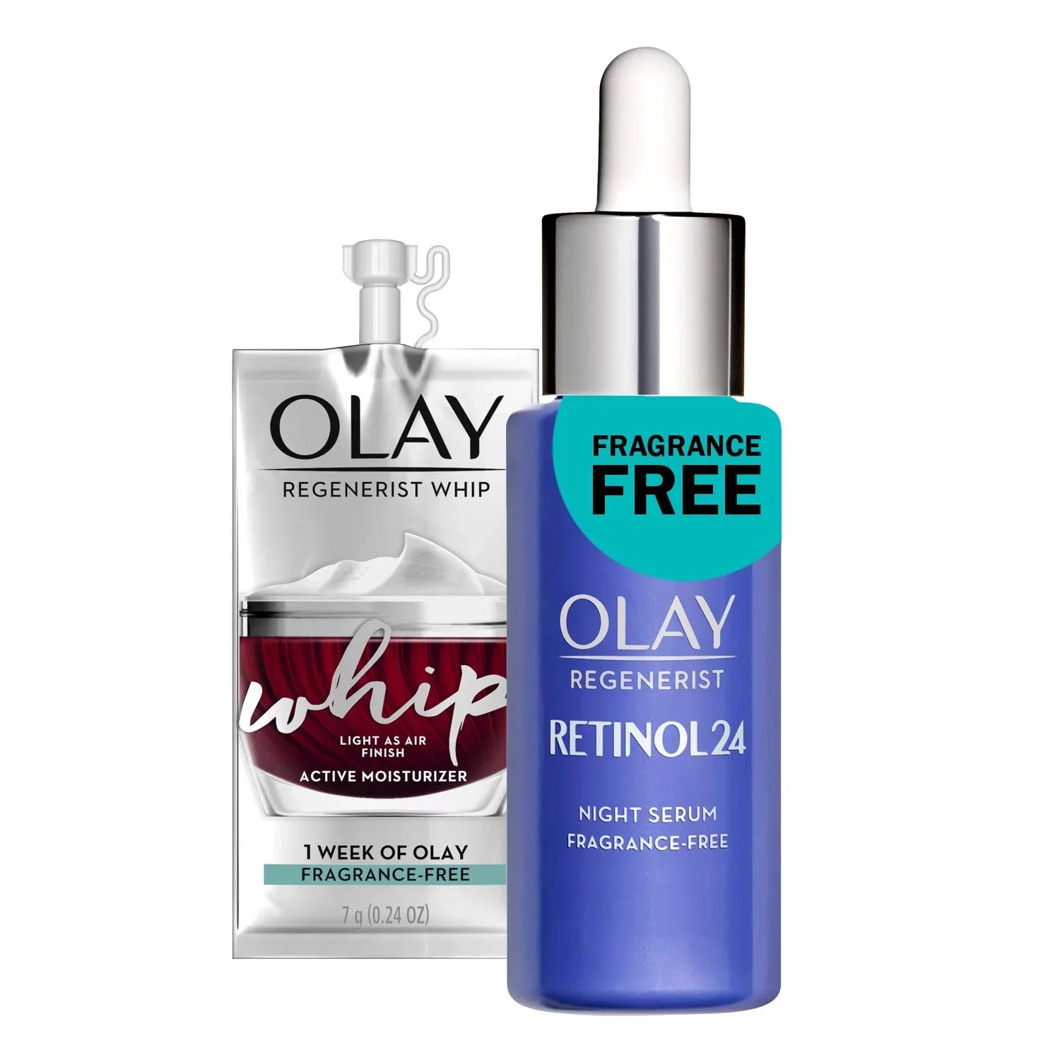 Stylish Olay Regenerist Retinol Face Serum, Retinol 24 Night Face Serum, 1.3oz + Whip Face Moisturizer Travel/Trial Size Gift Set