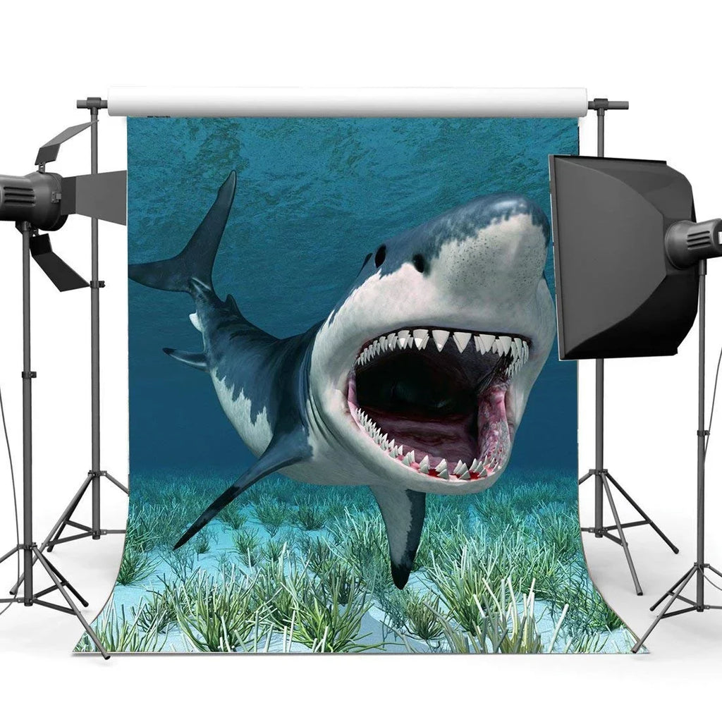 ABPHOTO Polyester 5x7ft Cartoon Shark Backdrop Underwater World Green Grass Aquarium Ocean Sailing Photography Background for Baby Shower Girls Boys Happy Birthday Party DÃ©cor Photo Studio Props