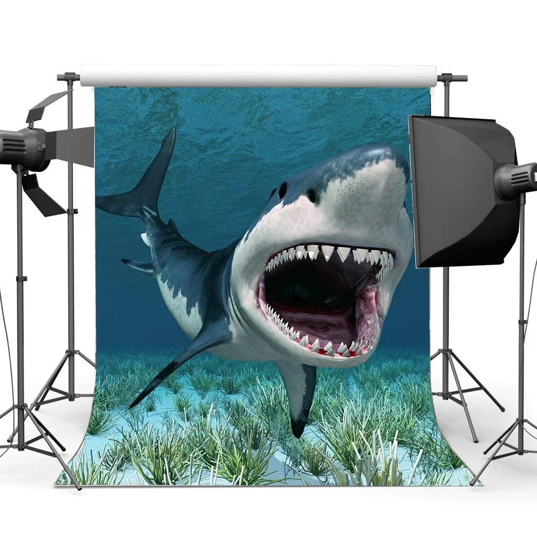 ABPHOTO Polyester 5x7ft Cartoon Shark Backdrop Underwater World Green Grass Aquarium Ocean Sailing Photography Background for Baby Shower Girls Boys Happy Birthday Party DÃ©cor Photo Studio Props