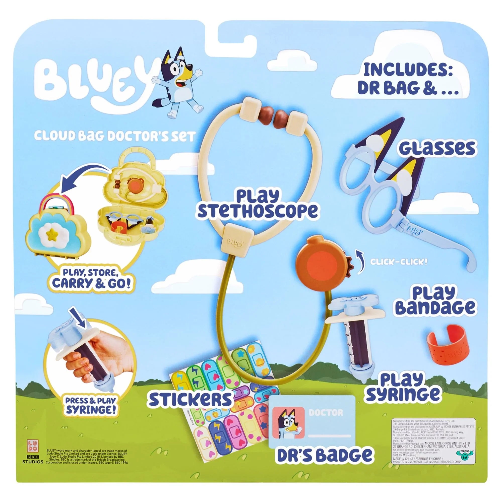 Bluey Cloud Bag Doctor's Set, Doctor Check Up Set, Toy Doctor's Playset with 7 Play Pieces, Stethoscope, Syringe, toy Bandage, Stickers, and more , Preschool, Toys for Kids, Ages 3+ - Exclusive Design