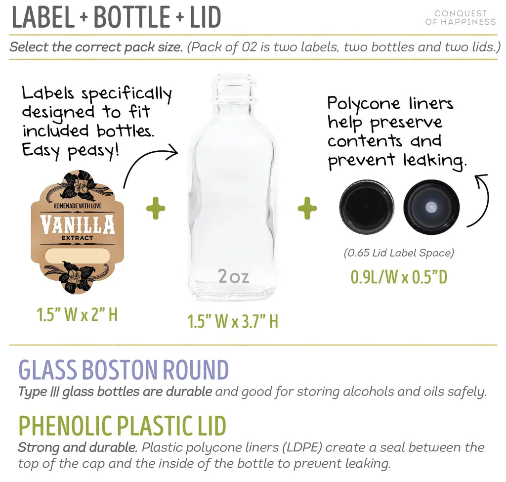 Homemade Vanilla Extract Labels with 2 oz Bottles - Write-In - Handmade by Conquest of Happiness | Pack of 08 - Exclusive Design