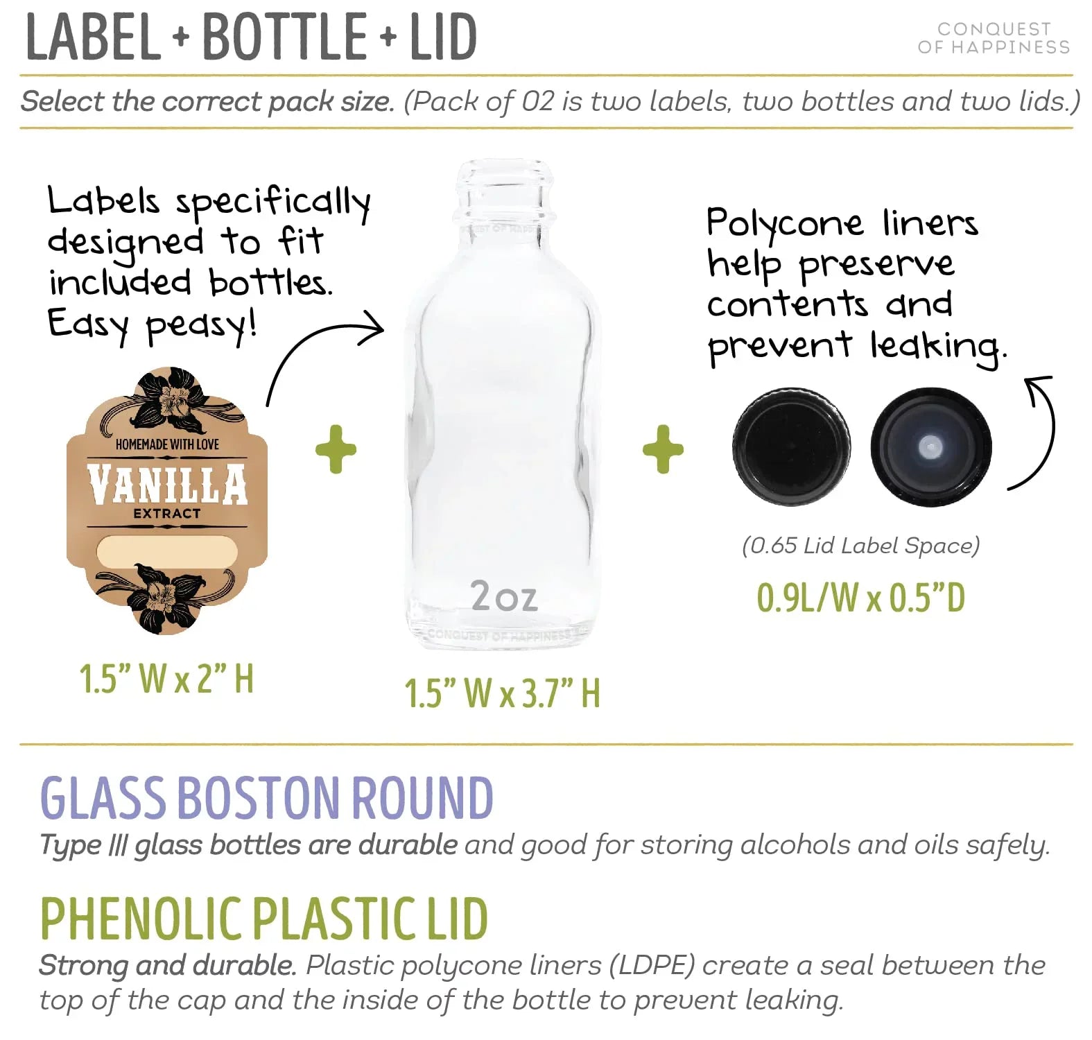 Homemade Vanilla Extract Labels with 2 oz Bottles - Write-In - Handmade by Conquest of Happiness | Pack of 08 - Exclusive Design