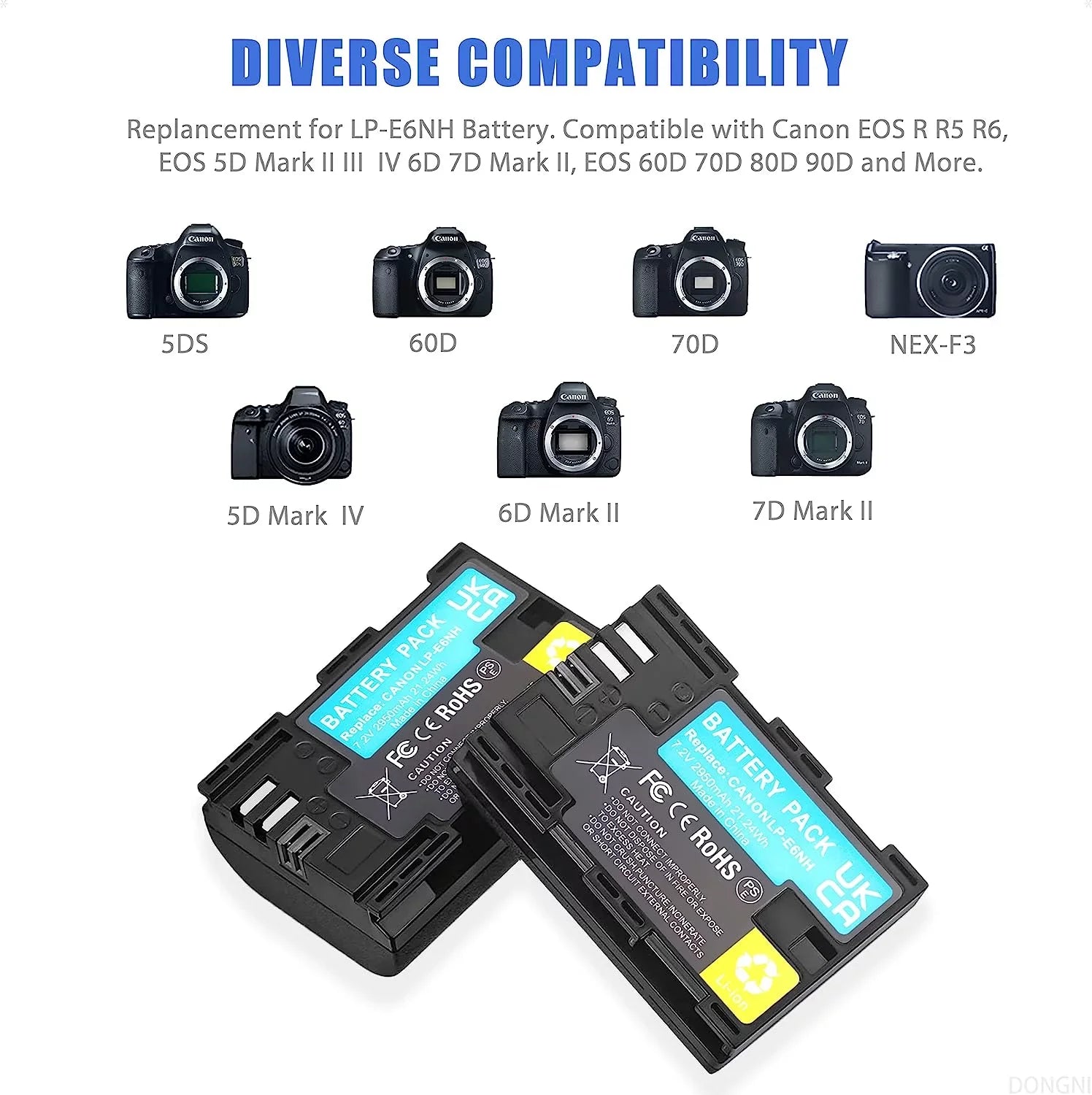 2-Pack LP-E6NH 2950mAh Batteries and Dual Charger for Canon EOS R R5 R6 5DS 6D 7D 60D 70D 80D 90D 5D Mark II/III/IV Camera - Exclusive Design