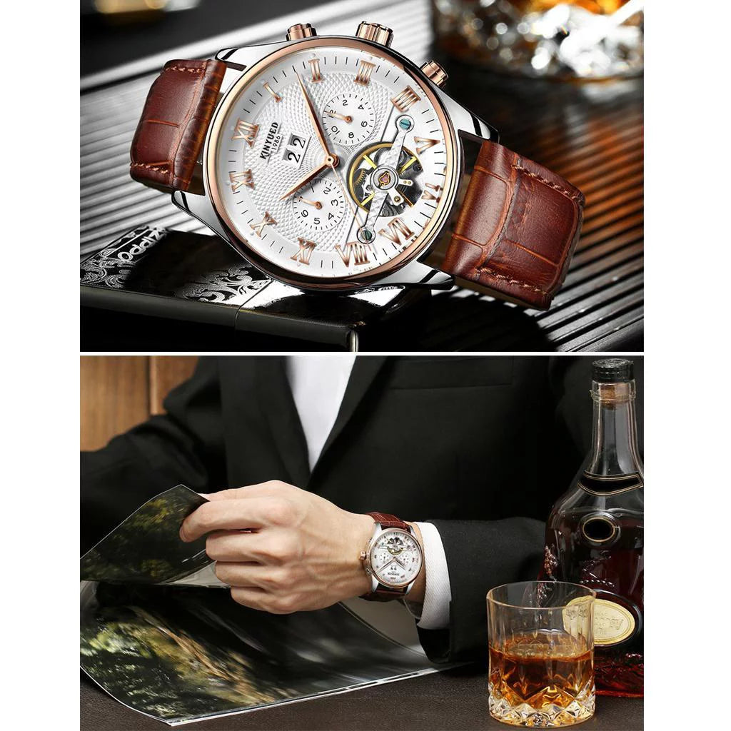 Luxury Men Chronograph Leather Strap Watch Luxury Waterproof Calendar Watch Brown - Exclusive Design