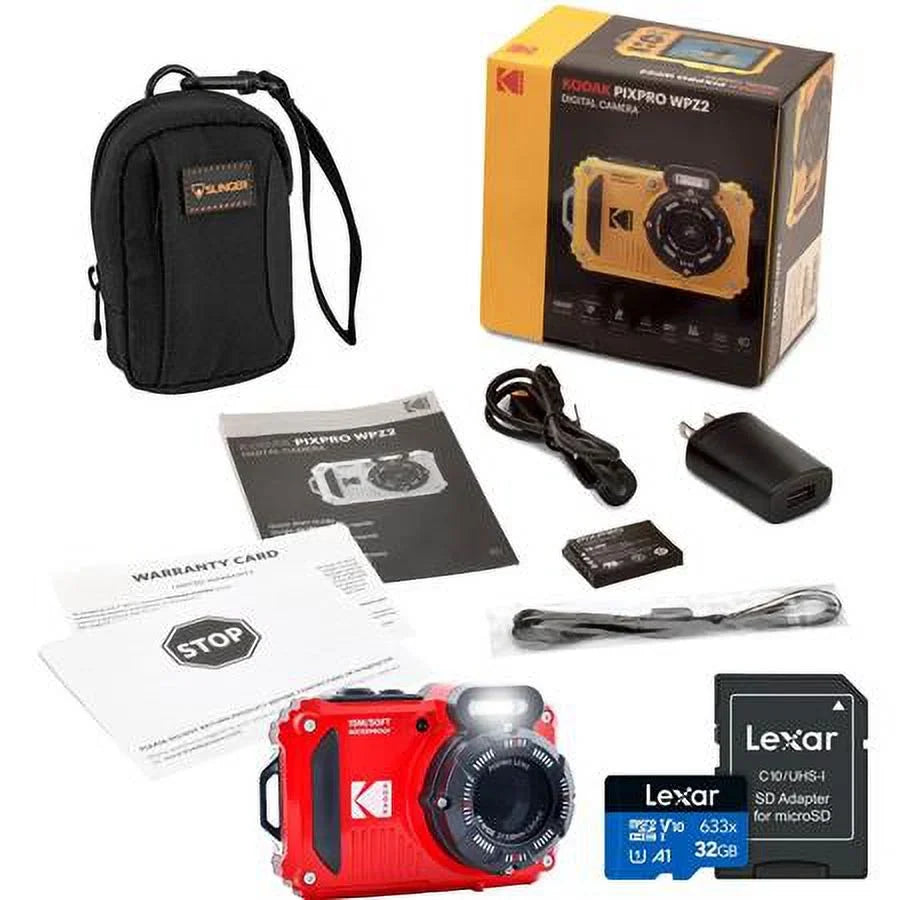 PIXPRO WPZ2 16MP Full HD Waterproof Rugged Digital Camera, Red, Bundle with 32GB Memory Card and Camera Bag