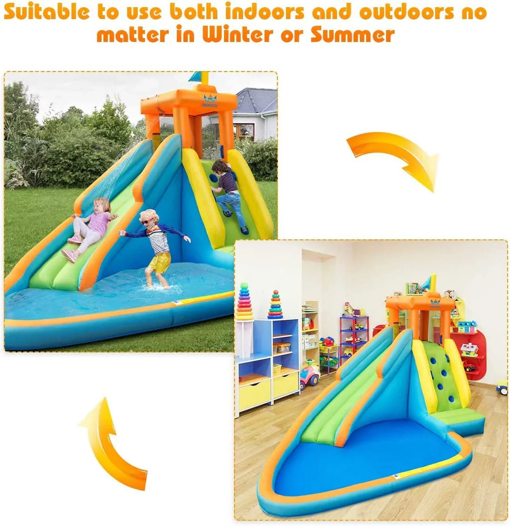Stylish Inflatable Water Slide, Hippo Themed Water Slides for Kids Backyard w/Long Slide, 740w Blower, Splashing Pool, Water Cannon, Indoor Outdoor Blow up Giant Water Park for Big Kids and Adults