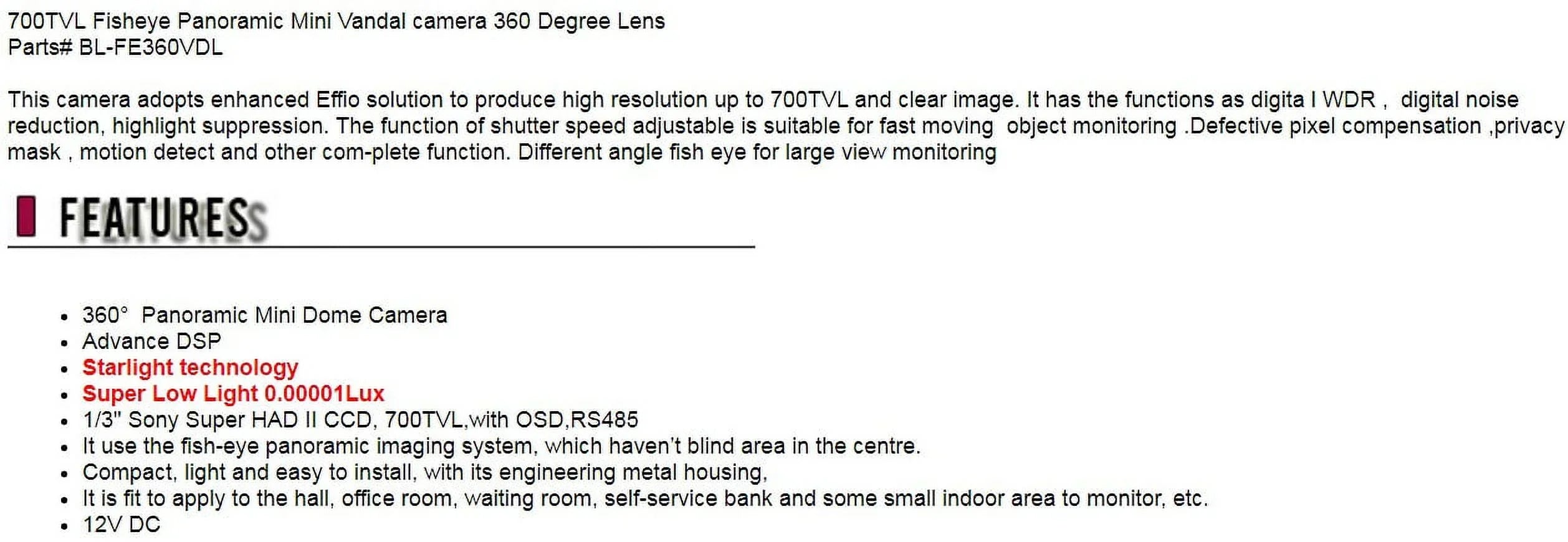 CCTV 700TVL Fisheye Analog Panoramic Mini Vandal Security camera 360 Degree Low Lamp