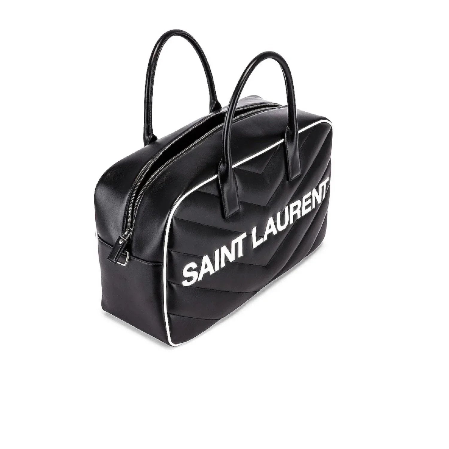 New Saint Laurent Miles Logo Black Calf Leather Duffel Bowling Bag 525145