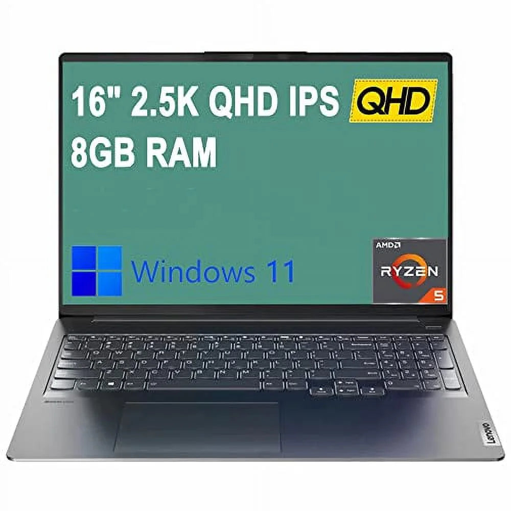 Ideapad 5 Pro Laptop, 16 inch 2.5K QHD IPS Display, AMD Ryzen 5 5600H, 8GB RAM, 512GB SSD, Wi-Fi, Bluetooth, Windows 11, Bundle with JAWFOAL