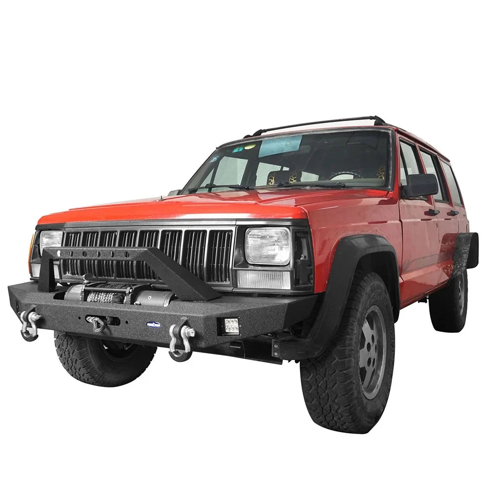 Hooke Road Fit Jeep Cherokee XJ 1984-2001 Steel Front Bumper W/ LED Spotlights & Winch Plate