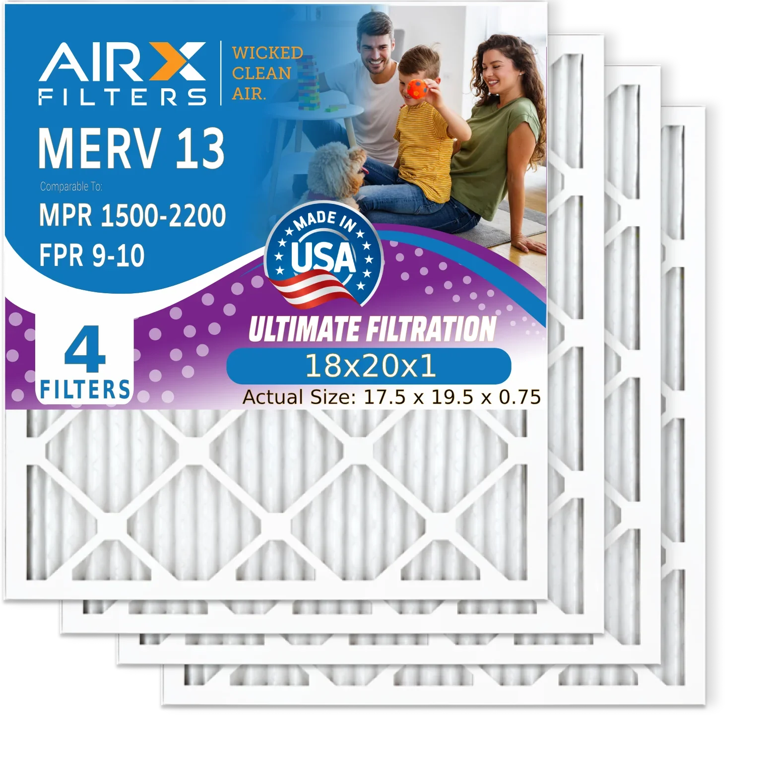 18x20x1 Air Filter MERV 13 Comparable to MPR 1500 - 2200 & FPR 9 Electrostatic Pleated Air Conditioner Filter 4 Pack HVAC AC Premium USA Made 18x20x1 Furnace Filters by AIRX FILTERS WICKED CLEAN AIR. - Exclusive Design