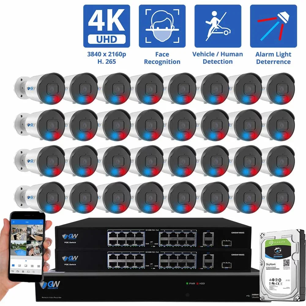 GW Security 32 Channel NVR UltraHD 4K Full-Time Color Night Vision PoE Security Camera System with (32) 8MP Two-Way Audio PoE Outdoor Cameras, AI Human & Cars Detection with Alarm Lamps