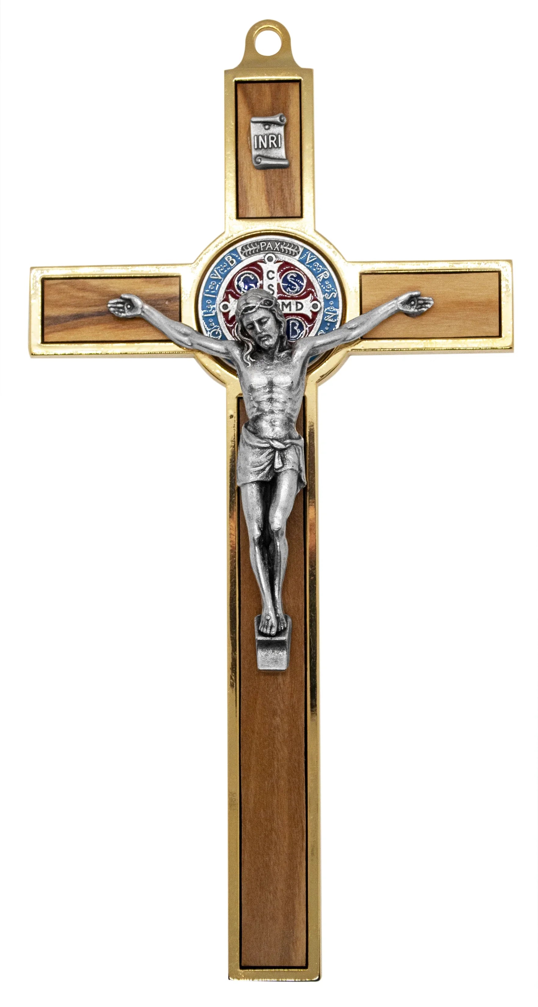 Stylish 7.75" Gold-Tone St. Benedict Crucifix with Wood Inlays and Colored Medal