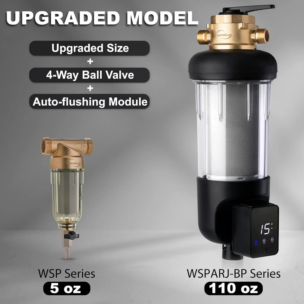 iSpring WSP100ARJ-BP Whole House Prefilter, Spin-Down Sediment Water Filter with Bypass, Upgraded Clear Housing, Jumbo Size, Flushable and Reusable, Touch-Screen Auto Flushing, 4 Modes, 100 Microns
