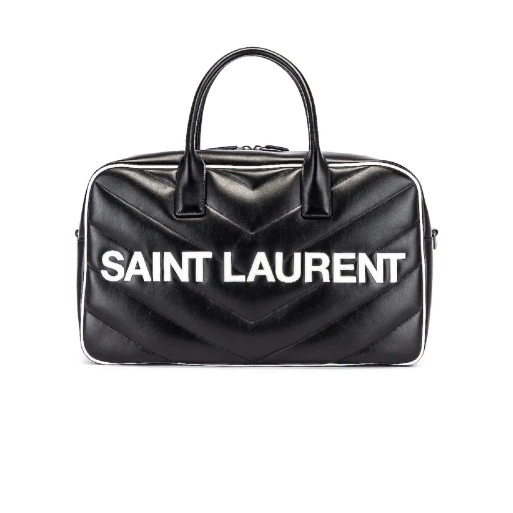 New Saint Laurent Miles Logo Black Calf Leather Duffel Bowling Bag 525145