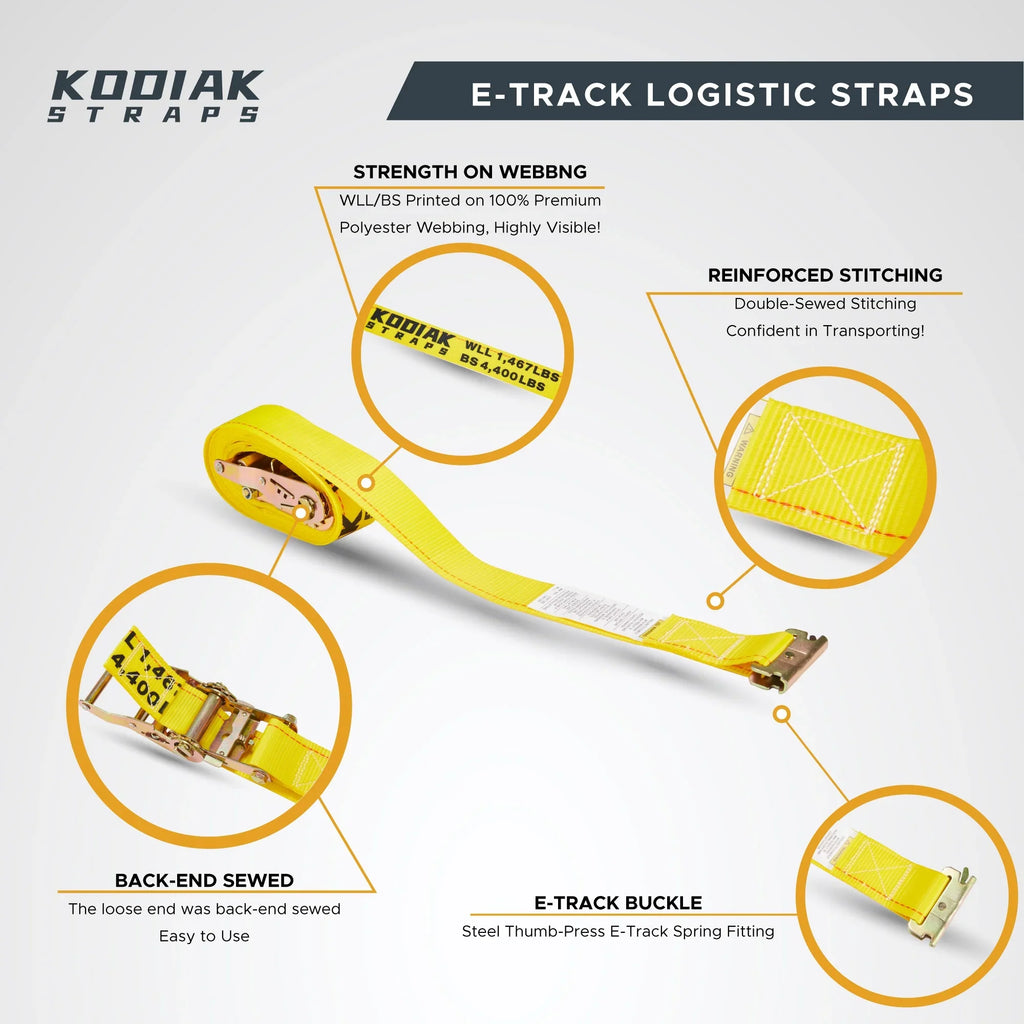 Stylish KODIAK STRAPS E Track Straps 2" x 16' Logistic Cargo Ratchet Straps, Trailer E Track Accessories, etrack Straps for Enclosed Trailer & Van (6 Pack)